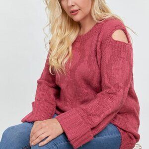DAVI & DANI Plus Size Pink Knit Sweater with Cold Shoulder Cutouts